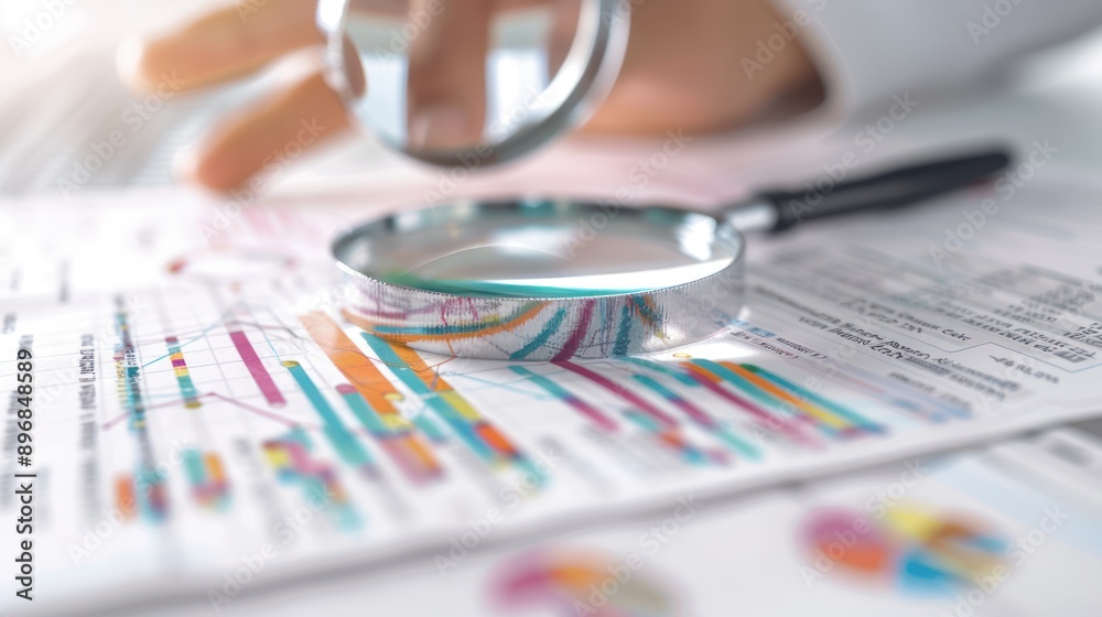 Fototapeta premium Business Analysis Concept - Fingers Holding Magnifying Glass over Documents for Examination and Research, Generative Ai
