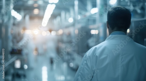 A scientist in a white lab coat walks through a sterile, brightly lit laboratory facility.