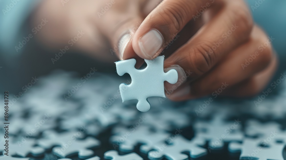 Close-up of Hand Holding Puzzle Piece, Conceptualizing Problem-Solving in Business Strategy, Generative Ai Close-up of Hand Holding Puzzle Piece, Conceptualizing Problem-Solving in Business Strategy, Generative Ai