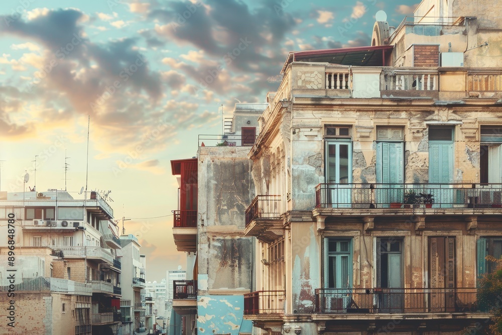 Fototapeta premium Old Buildings in a City at Sunset, Explore the juxtaposition of old and new by blending traditional Greek architectural elements with a modern cityscape