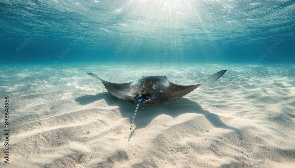 Fototapeta premium A stingray glides gracefully through crystal clear water, sunlight filtering through the surface.