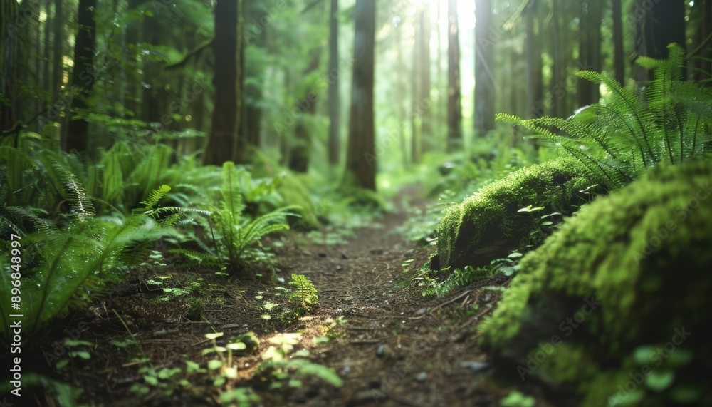 A sunlit path winds through a lush, green forest, with moss-covered rocks and ferns lining the way. A sunlit path winds through a lush, green forest, with moss-covered rocks and ferns lining the way.