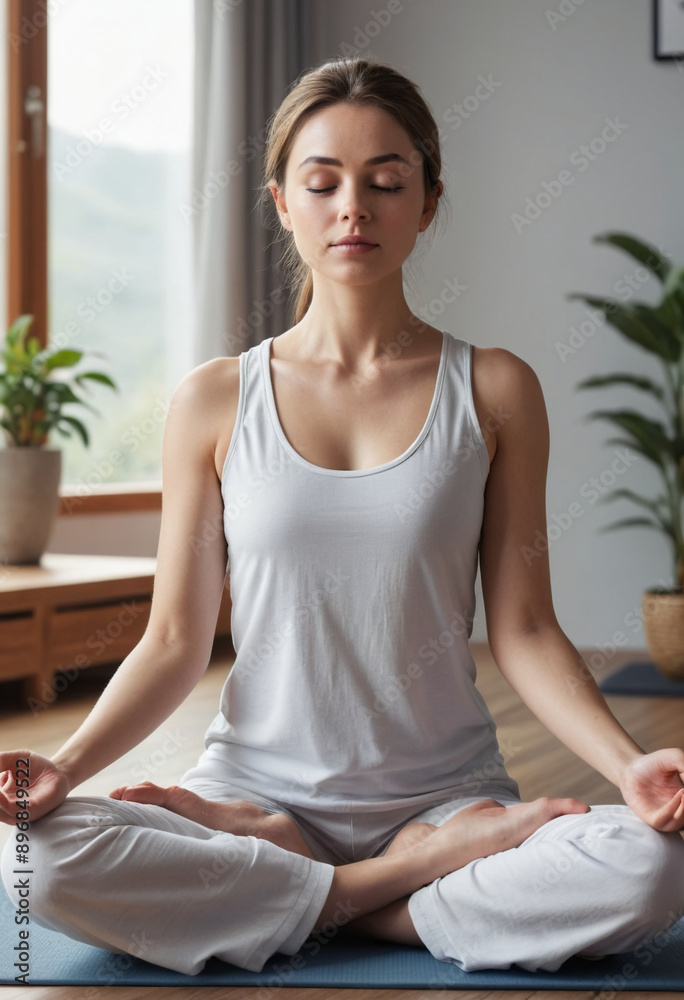 A person feeling peaceful during meditation. A person feeling peaceful during meditation.