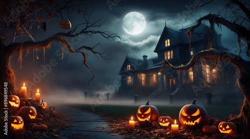 A hauntingly beautiful, high-resolution 4K image featuring a spooky Halloween-themed wallpaper background, set against a dark and moody atmosphere