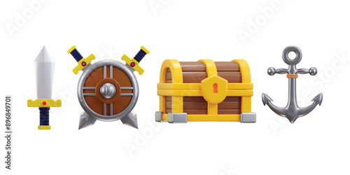 Sword with metal shield, anchor and treasure chest icon 3d render concept of games icon vector illustration