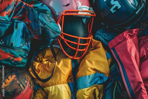 A collection of sports equipment, including a helmet and a jacket, arranged in a vibrant display, Explore the vibrant colors and patterns of team uniforms and equipment