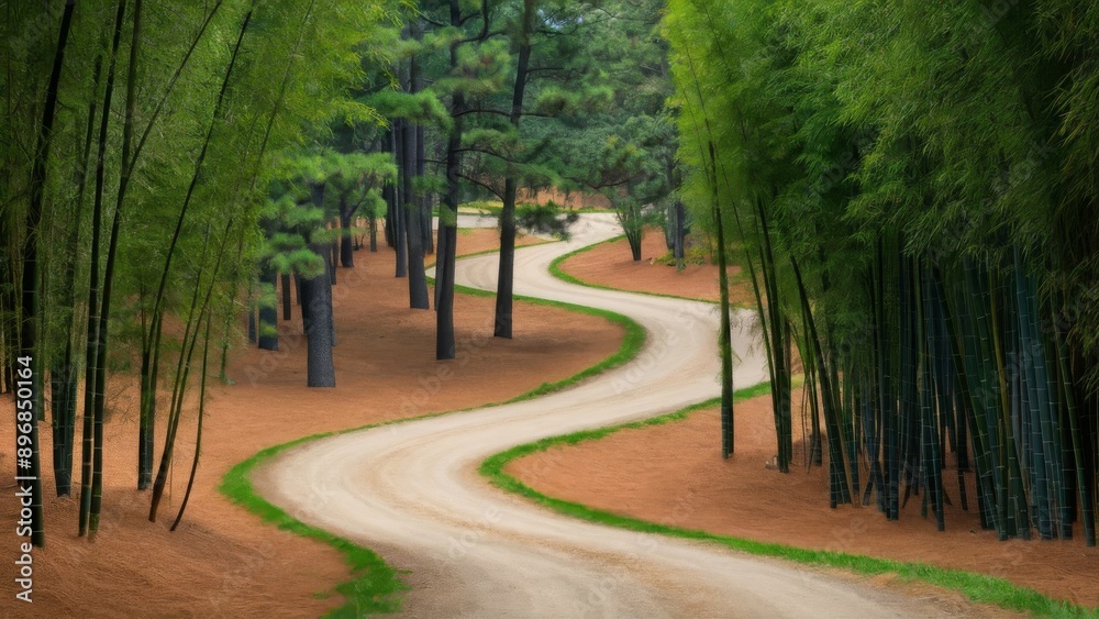 Road through a serene bamboo forest and lush piney woods, offering quiet and protection Road through a serene bamboo forest and lush piney woods, offering quiet and protection
