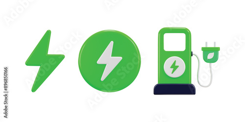 Green lighting thunderbolt icon and electric car charging station icon 3d rendering vector illustration	