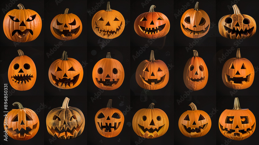 Collection of carved jack-o'-lanterns on black background Collection of carved jack-o'-lanterns on black background