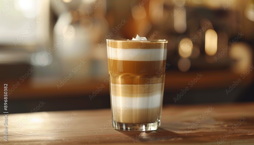 Barista Perfecting Layered Latte Art in Glass at Cafe, Craftsmanship Barista Perfecting Layered Latte Art in Glass at Cafe, Craftsmanship