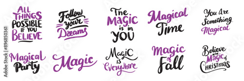 Collection of Magic text lettering. Hand drawn vector art.