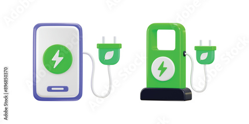 Battery charging station icon on green energy recycle icon 3d render