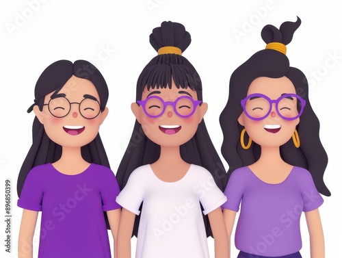 Three diverse animated girls smiling together, showcasing friendship and joy in vibrant purple outfits and stylish glasses.