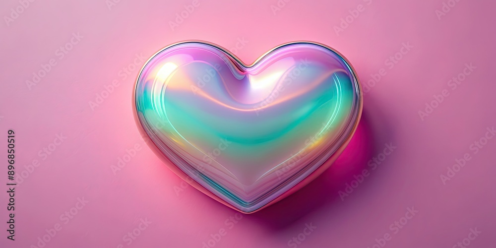 Glossy pastel iridescent heart on pink background for Valentine's Day card , holographic, liquid, chrome heart Glossy pastel iridescent heart on pink background for Valentine's Day card , holographic, liquid, chrome heart