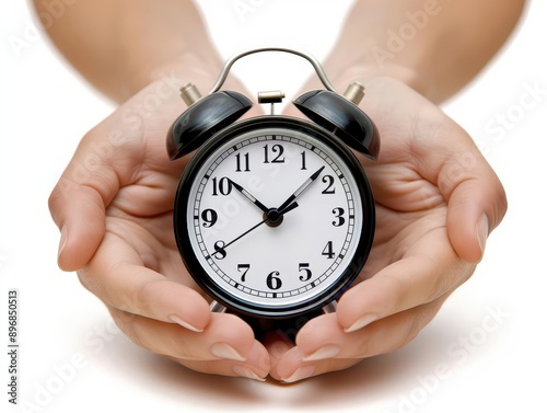 A pair of hands gently holding a classic alarm clock, symbolizing the importance of time management and careful planning.