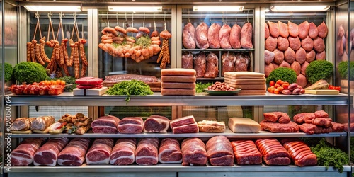 Butcher shop window display of various fresh meats, butcher, shop, window, display, fresh, meats, delicious, assortment, variety