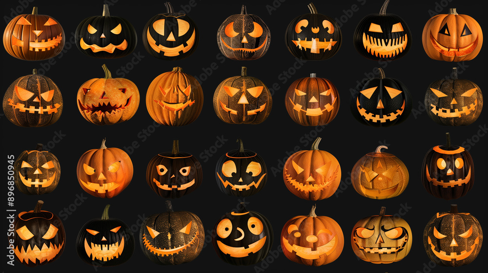 Collection of carved jack-o'-lanterns on black background Collection of carved jack-o'-lanterns on black background
