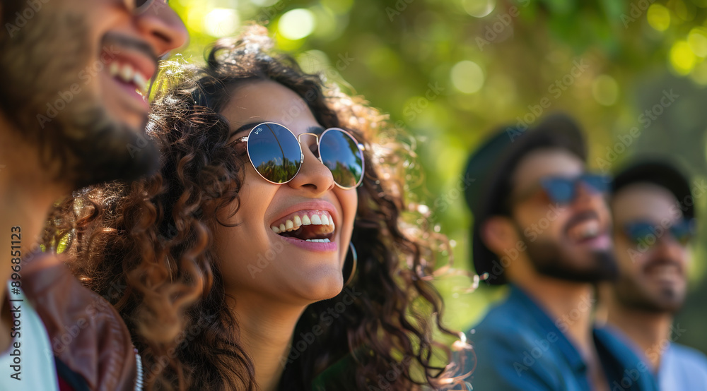  Laughter in the Fresh Air - Three Friends, A Curly-Haired Girl and Bearded Men, Captured in a Joyful Moment Outdoors with a Beautiful Green, Bokeh Background.