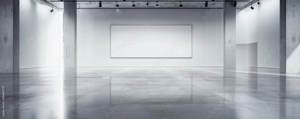 Empty white room with a large blank canvas on the wall. Empty white room with a large blank canvas on the wall.