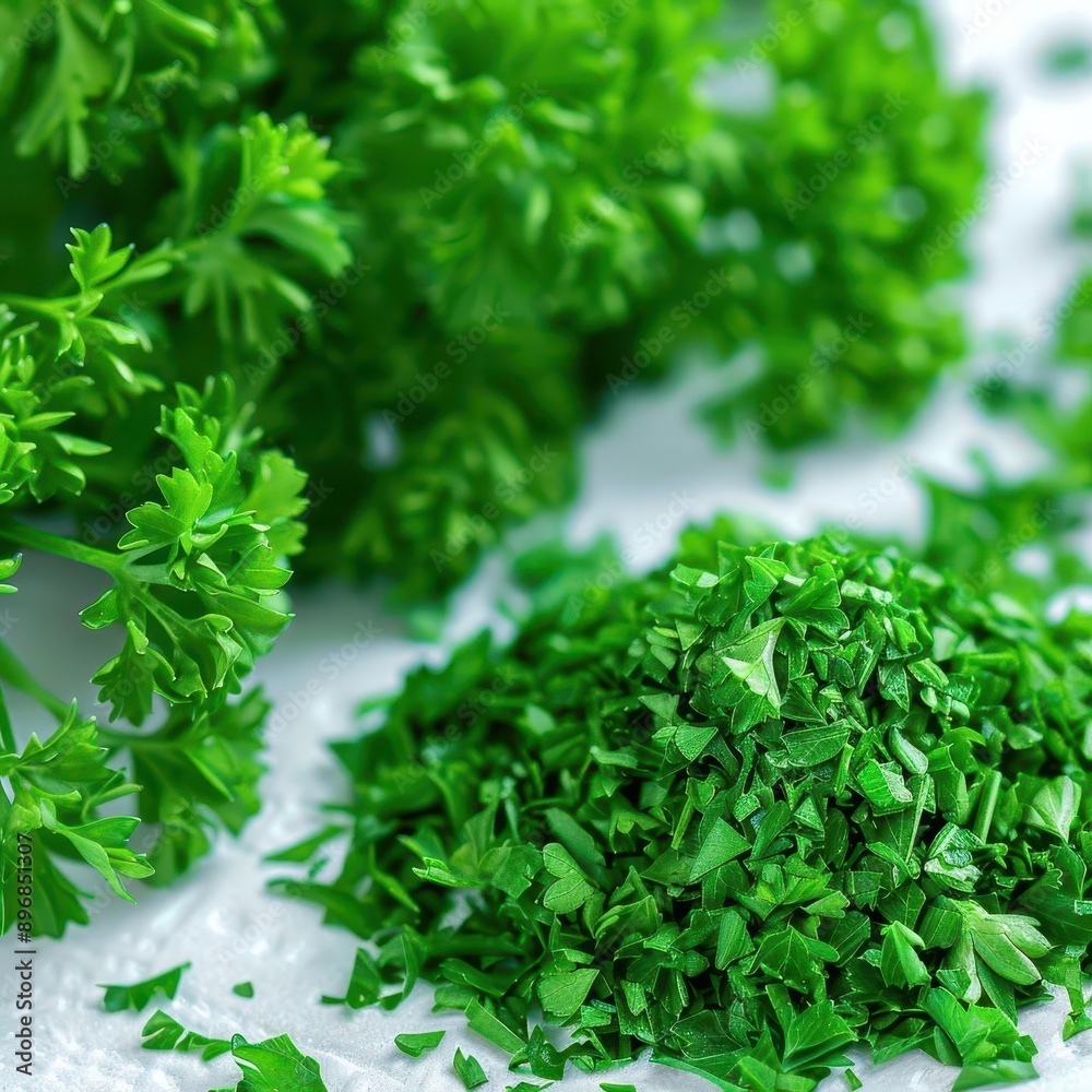 Freshly chopped parsley with whole sprigs showcasing vibrant green colors, perfect for culinary uses and garnishing dishes. Freshly chopped parsley with whole sprigs showcasing vibrant green colors, perfect for culinary uses and garnishing dishes.