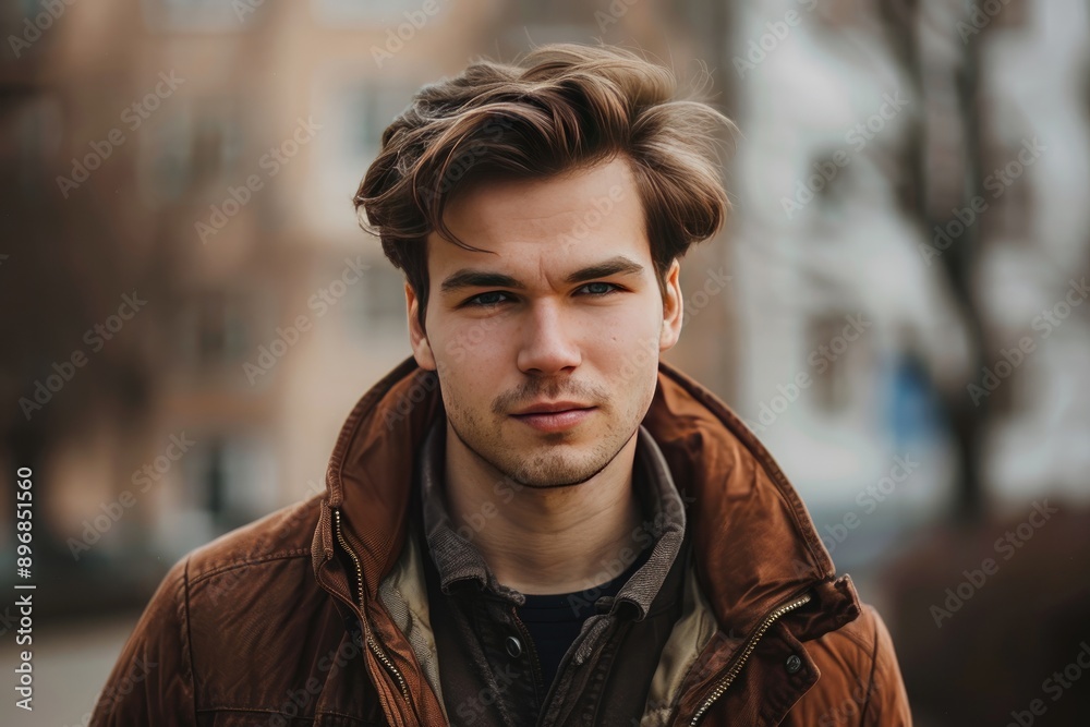 Close-up portrait of a young man with brown hair in a brown jacket looking directly at the camera Close-up portrait of a young man with brown hair in a brown jacket looking directly at the camera