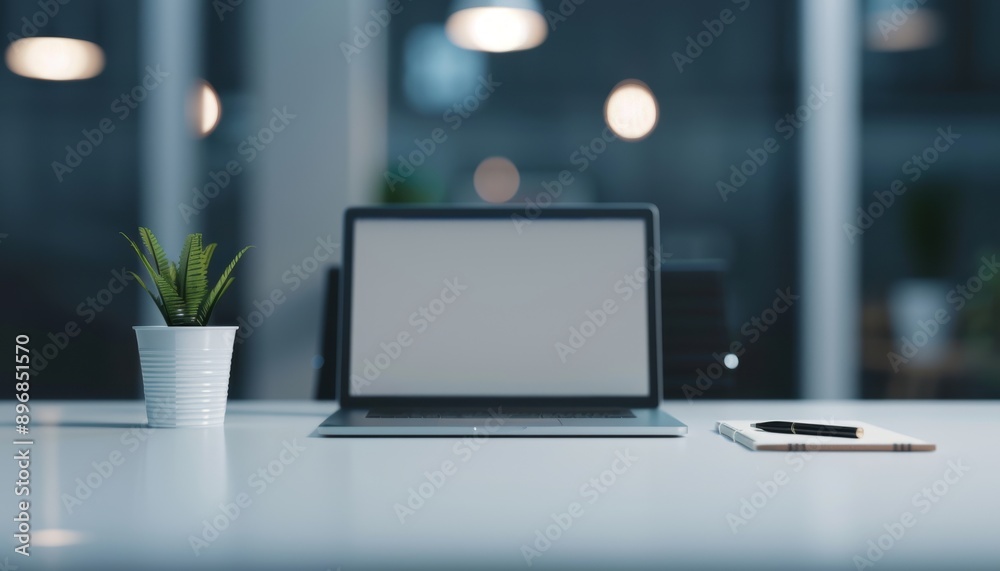 A modern workspace setup featuring a laptop, potted plant, and sleek design in a brightly lit environment. A modern workspace setup featuring a laptop, potted plant, and sleek design in a brightly lit environment.