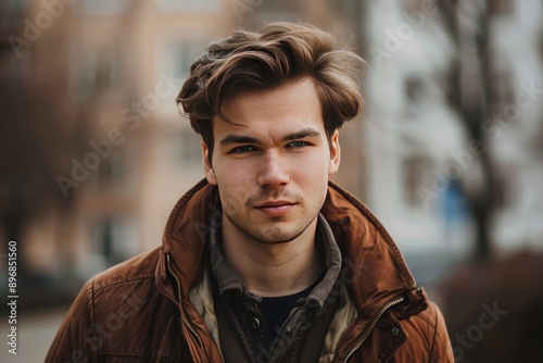 Close-up portrait of a young man with brown hair in a brown jacket looking directly at the camera