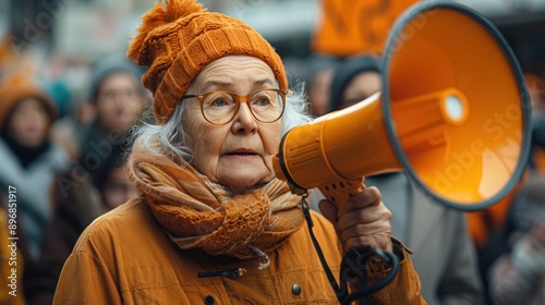 Senior Woman Leads Labor Day Protest with Megaphone in City Street as Old Working Men Rally Behind Her and Female Leader Stands in Background photo