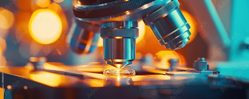 Close-up of a microscope focusing on glass slides with samples ultra-realistic textures and clarity. Science laboratory. Close-up of a microscope focusing on glass slides with samples ultra-realistic textures and clarity. Science laboratory.