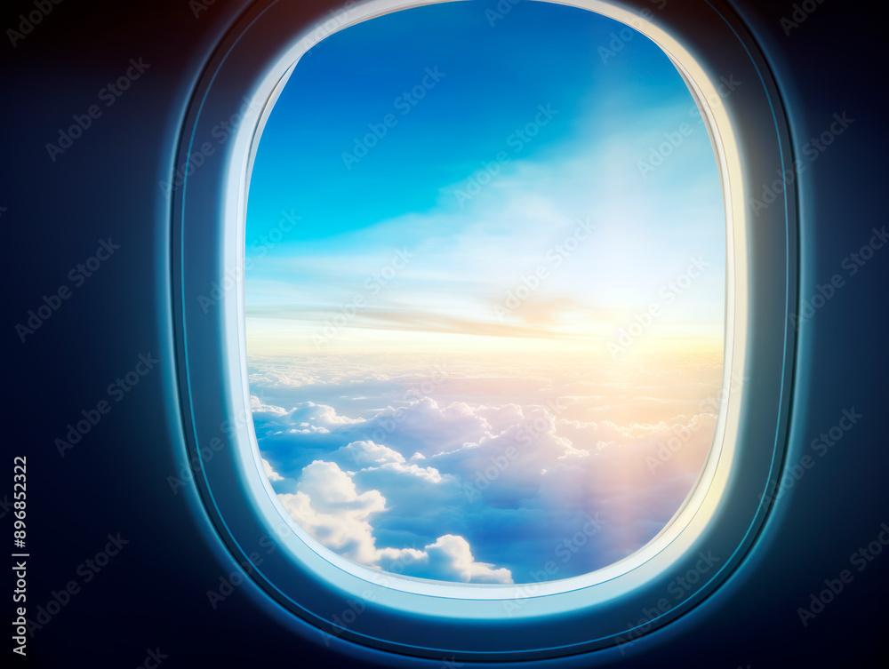 A scenic view of clouds and sunrise from an airplane window, set against a photorealistic background, concept of travel. Generative AI A scenic view of clouds and sunrise from an airplane window, set against a photorealistic background, concept of travel. Generative AI