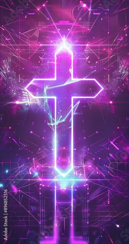 Digital Background with Neon Cross Shapes and Cyberpunk Aesthetic, Glowing Lines and Holographic Effects for Virtual Live Streaming and Video Production