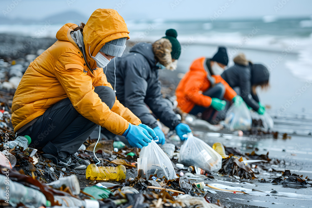 several environmentally friendly people cleaning trash from a beach for a cleaner world several environmentally friendly people cleaning trash from a beach for a cleaner world