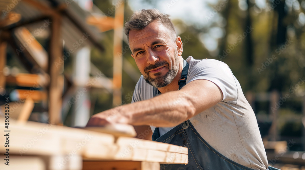 A handsome man in his thirties with short hair and beard wearing an apron is working on wooden planks at the construction site, A handsome man in his thirties with short hair and beard wearing an apron is working on wooden planks at the construction site,