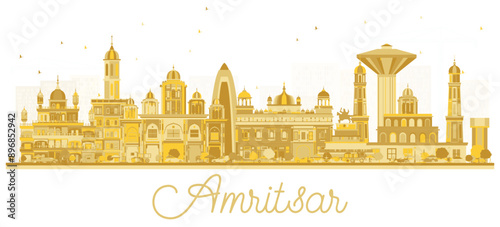 Amritsar India City Skyline silhouette with golden Buildings Isolated on White. Business Travel and Tourism Concept with Historic Architecture. Amritsar Cityscape with Landmarks.