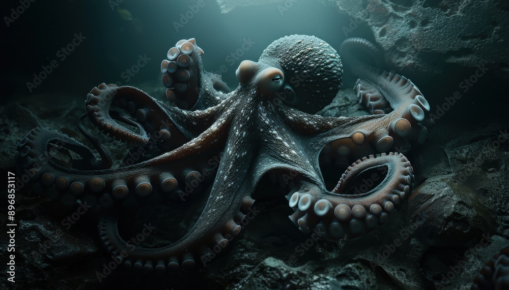 Obraz premium A large octopus with its tentacles curled around a pile of rocks, silhouetted against a dark, underwater background.