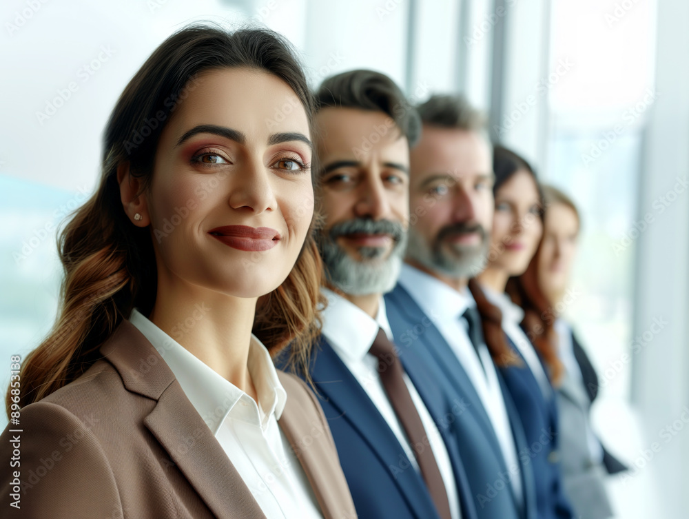A professional team in business attire, standing in sequence, with focus on the woman in the foreground, against a bright window. Generative AI A professional team in business attire, standing in sequence, with focus on the woman in the foreground, against a bright window. Generative AI