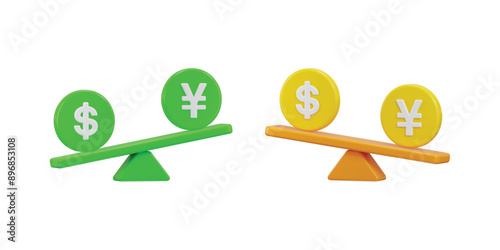 yen and dollar symbol on balance scale icon, currency comparison financial icon set 3d render