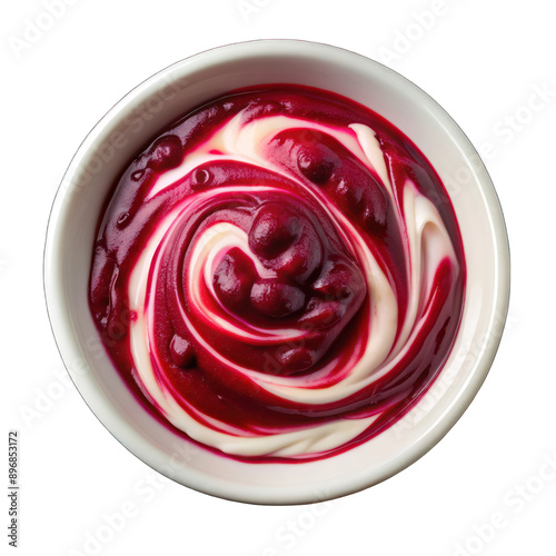 Yogurt with berry jam swirl on white bowl on transparent background