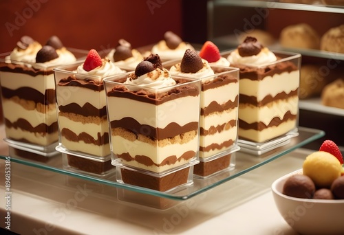 desserts showcasing a tiramisu, chocolate truffles, and fruit parfaits