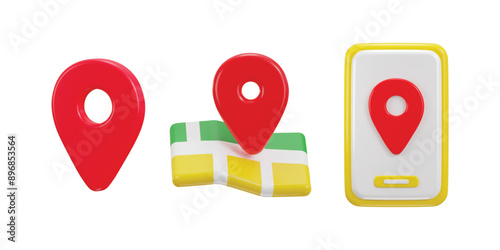 location icon with map on gps with smartphone icon set 3d rendering vector illustration 