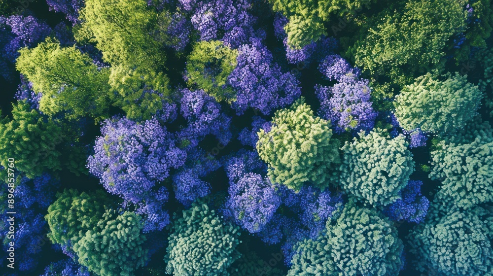 Naklejka premium Aerial View of a Forest with Green and Purple Trees