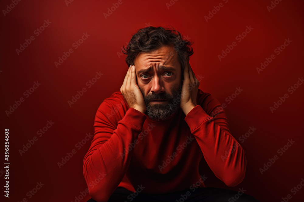 Obraz premium Male gender crying over grief on red mourning about loss. Person closes his ears does not want to listen to the bad news. background concept. Sad unhappy elderly adult man in despair. 