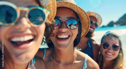 Bright Day Banter - Three Friends, Curly-Haired Girl with Sunglasses and Bearded Mates, Enjoying a Lively Outdoor Chat with a Green, Bokeh-Filled Scene. © 小源 刘