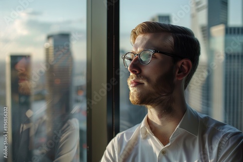 Young Man in Glasses Looking Out Window