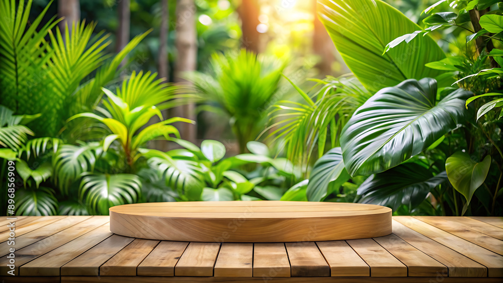Fototapeta premium Wooden platform with green leaves background.