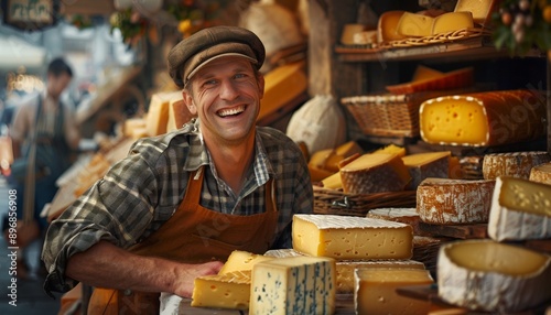 Friendly Cheese Vendor Smiling at Market, Displaying Various Cheeses, Artisanal Craftsmanship