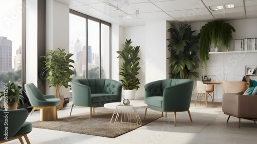 Stylish office interior with meeting and working area, resting place and window