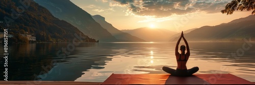 Experience the tranquility of nature with morning yoga by the lake at sunrise, a perfect blend of serenity, mindfulness, and rejuvenation in the peaceful surroundings of mountains