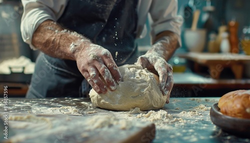 Baker Kneading Dough on Floured Surface, Preparing Fresh Bread, Hands-Focused, Culinary Craftsmanship, Copy Space