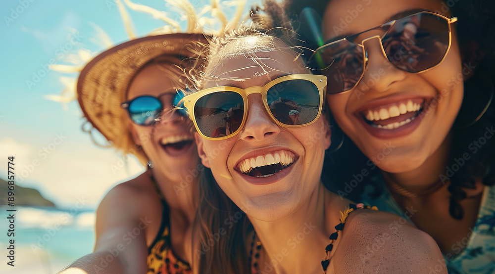 Joyful trio in nature - three friends, including a curly-haired girl with sunglasses and two bearded men, laughing together on a sunny day, wide-angle photography. Joyful trio in nature - three friends, including a curly-haired girl with sunglasses and two bearded men, laughing together on a sunny day, wide-angle photography.